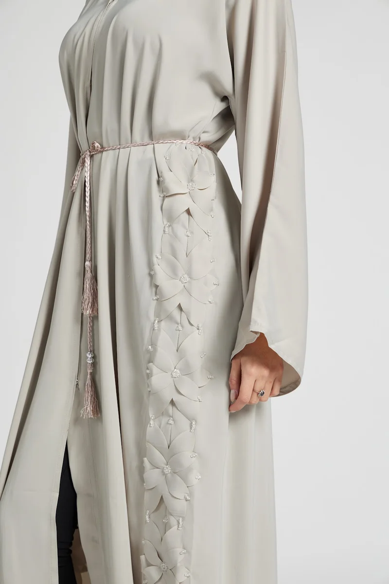 Reem Abayas  Light Beige Cut-Work Floral Abaya - Contemporary Modest Outerwear for Women | Best Price UAE
